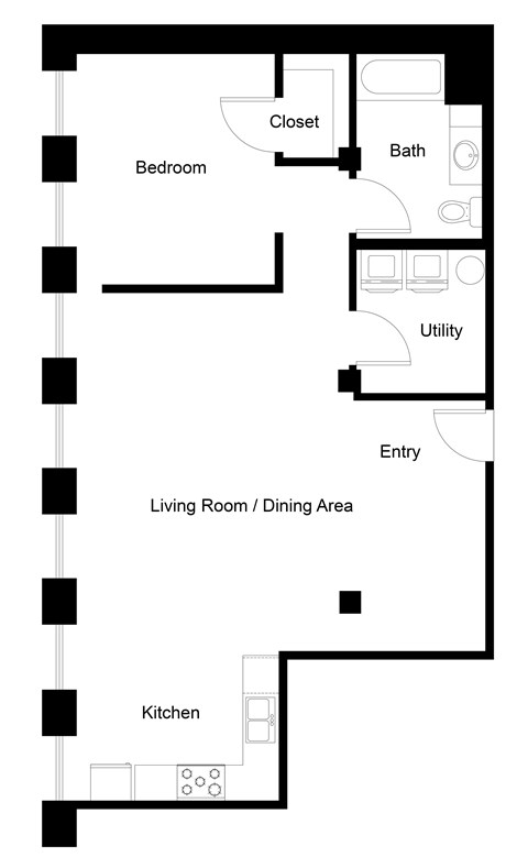 Floor plan for 1 bed, 1 bath, 920 sqft